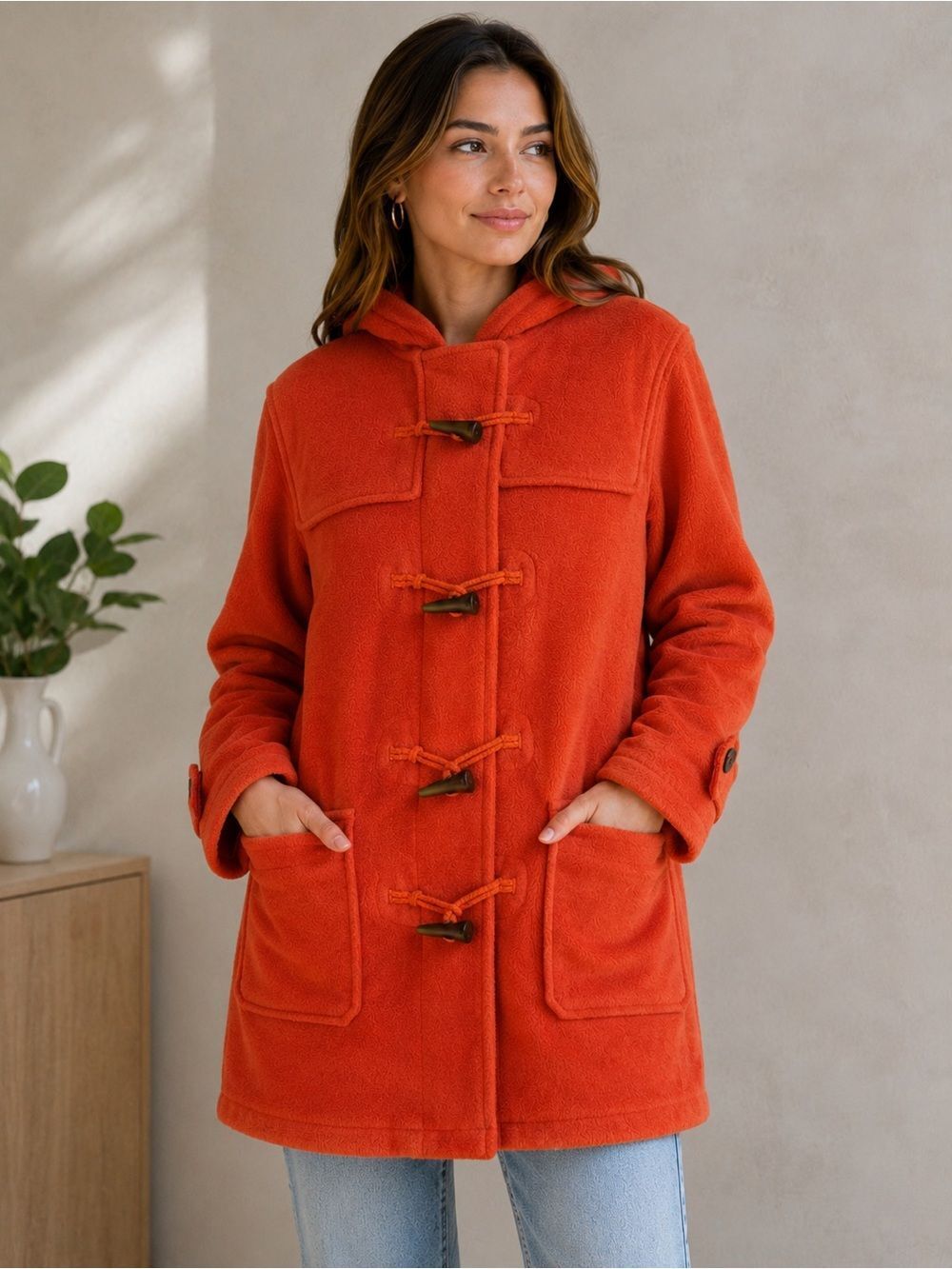 Jones New York Sport Orange Fleece Toggle Hooded Coat Jacket Medium